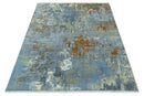 Modern Abstract Design Beige And Blue 8x10 Hand Knotted Wool, Art Silk Rug
