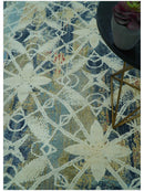 Modern Abstract Design Blue And Beige Hand Knotted 8x10 Wool And Real Silk Area Rug