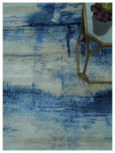 Modern Abstract Design Blue And Ivory Hand Knotted 6x9 Bamboo Silk Area Rug