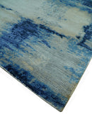 Modern Abstract Design Blue And Ivory Hand Knotted 6x9 Bamboo Silk Area Rug