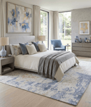 Blue and Ivory Art Silk Area Rug - Modern Abstract Hand-Loomed