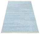 Modern Abstract Ivory and Blue 5.6x8 Hand Knotted Bamboo Silk Area Rug
