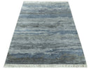 Modern Abstract Pattern Blue And Silver Hand Knotted 4x6 Bamboo Silk Area Rug