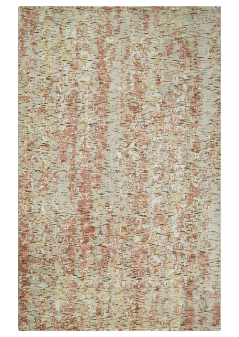 Modern Abstract Peach, Ivory, Gold and Charcoal Hand loom 5x8 Wool and Viscose Area Rug