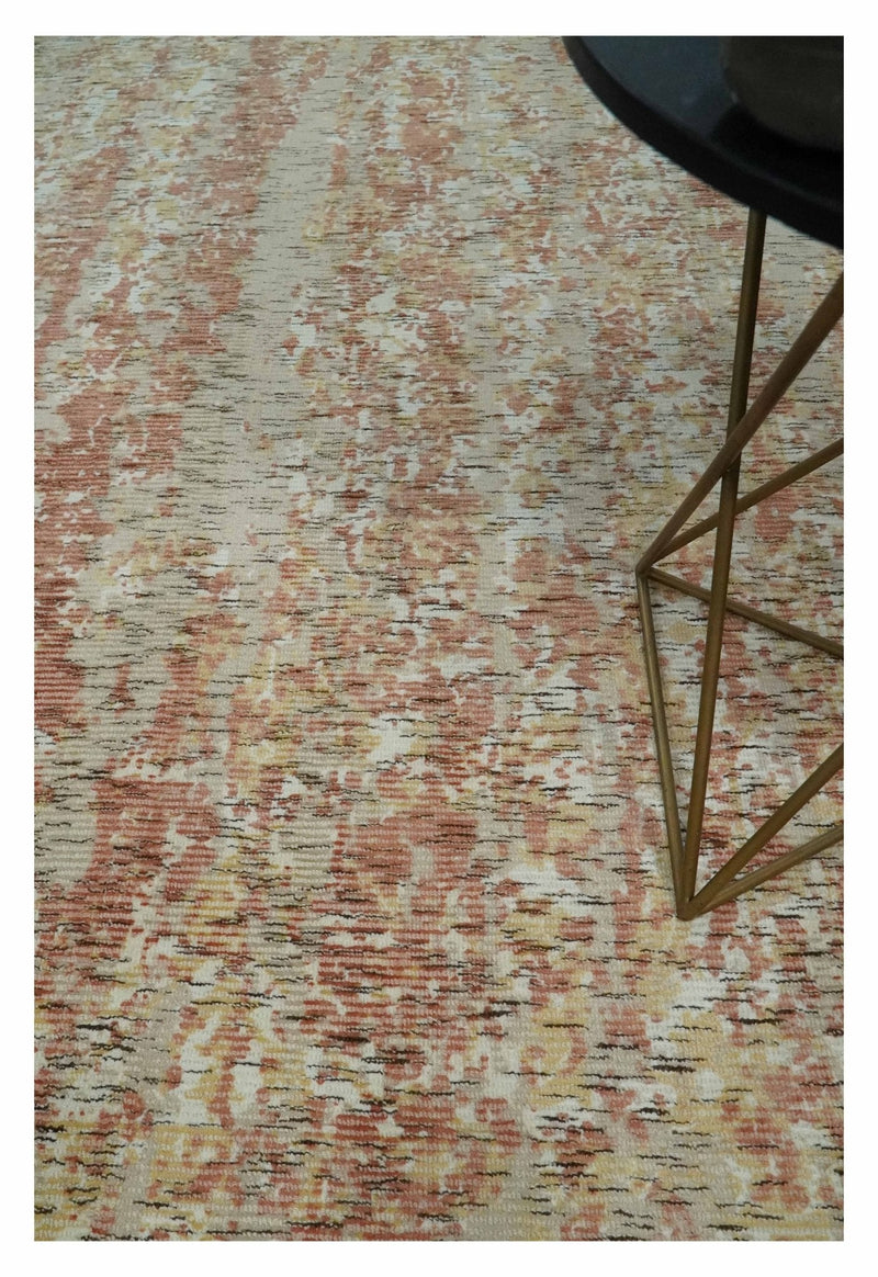 Modern Abstract Peach, Ivory, Gold and Charcoal Hand loom 5x8 Wool and Viscose Area Rug