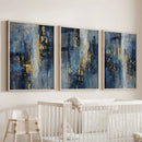 Navy Blue and Gold Triptych. Sparkle Oil Painting Prints by Wall Art Set