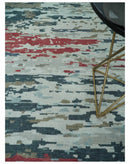 Modern Abstract Ivory and Blue 8x10 Hand Knotted Low Pile Wool Rug by The Rug Decor