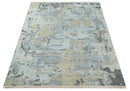 Modern Abstract Silver and Beige Hand Knotted Wool Rug