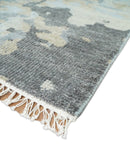 Modern Abstract Silver and Beige Hand Knotted Wool Rug