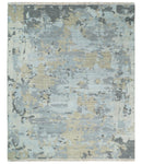 Modern Abstract Silver and Beige Hand Knotted Wool Rug