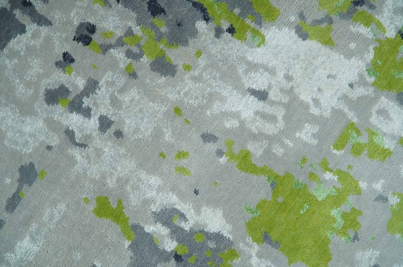 Modern Abstract Silver, Green and Gray Hand Knotted 8x10 Wool and Bamboo Silk Area Rug