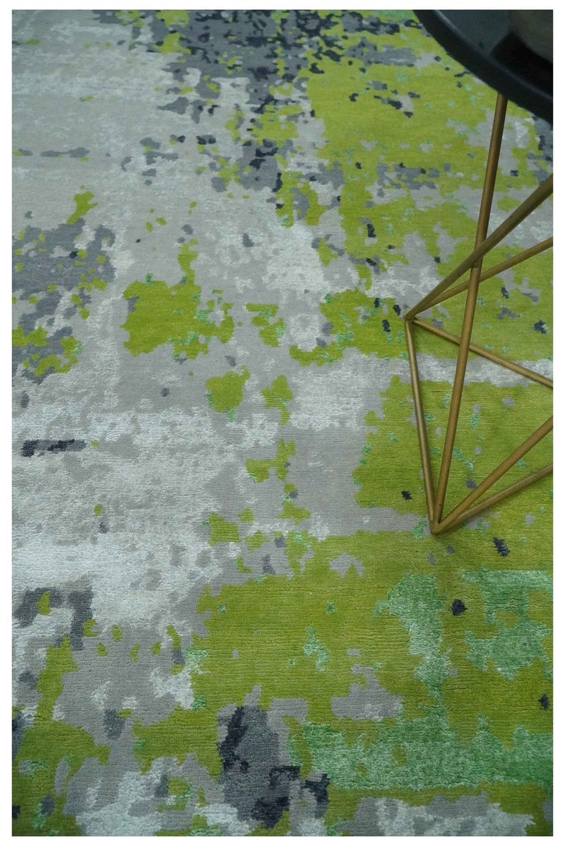Modern Abstract Silver, Green and Gray Hand Knotted 8x10 Wool and Bamboo Silk Area Rug