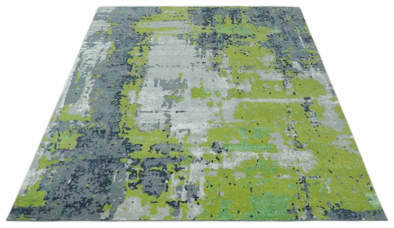 Modern Abstract Silver, Green and Gray Hand Knotted 8x10 Wool and Bamboo Silk Area Rug