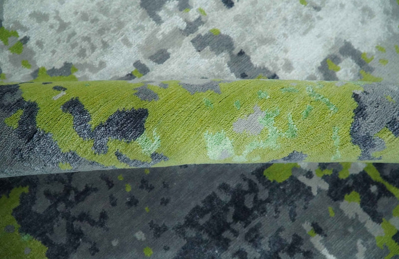 Modern Abstract Silver, Green and Gray Hand Knotted 8x10 Wool and Bamboo Silk Area Rug