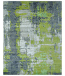 Modern Abstract Silver, Green and Gray Hand Knotted 8x10 Wool and Bamboo Silk Area Rug