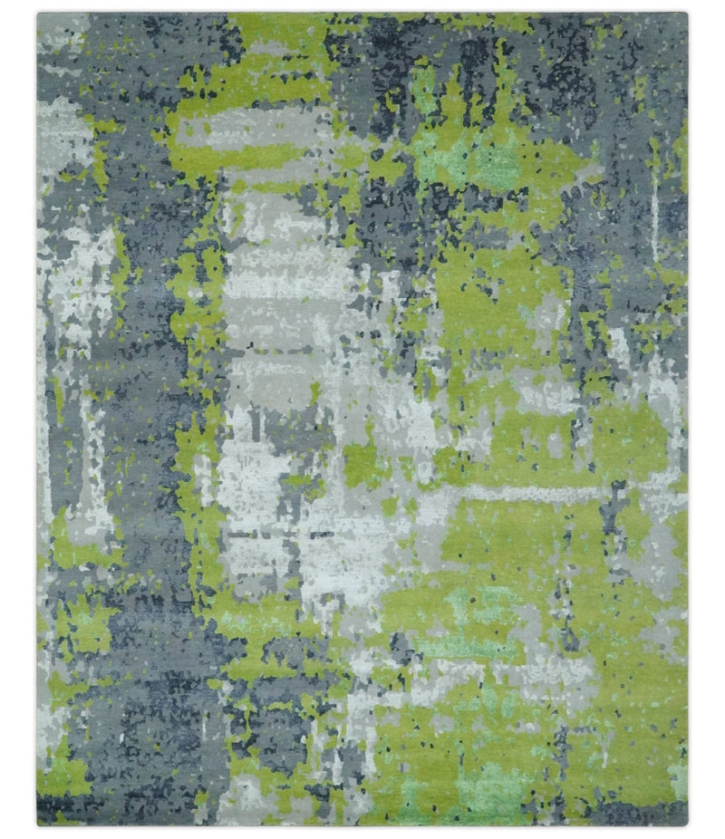 Modern Abstract Silver, Green and Gray Hand Knotted 8x10 Wool and Bamboo Silk Area Rug