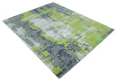 Modern Abstract Silver, Green and Gray Hand Knotted 8x10 Wool and Bamboo Silk Area Rug