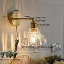 GobekUsa Clear Glass LED Wall Sconce, Modern Rotating Bedside Lamp with Pull Chain & Copper Socket