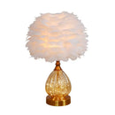 GobekUsa Modern Amber Glass Droplet Night Light with White Table Lamp and Feather Shade