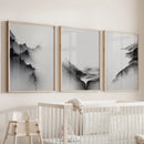 Black White Mountain Landscape Art Set of 3. Calming Nature by Wall Art Set