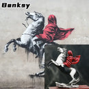 Modern banksy red knight statue black & white horse living room decor by Decorbites