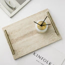 GobekUsa Beige Travertine Stone Tray with Golden Metal Handle