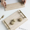 GobekUsa Beige Travertine Stone Tray with Golden Metal Handle