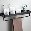 Modern black aluminum bathroom shower shelf with hooks and towel bar by Decorbites