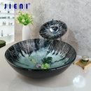 GobekUsa Black Round Basin Tap Set Mixer Faucet Washbasin Tempered Glass Chrome