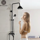 GobekUsa Black Bronze Bathroom Shower Faucet Set with Dual Ceramic Handles & 8" Rainfall Column