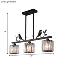 GobekUsa Modern Black/Gold Chandelier Lamp with Clear Crystal Drum Shade, Bird Accent - 3 Heads Hanging Light Fixture