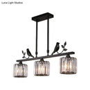 GobekUsa Modern Black/Gold Chandelier Lamp with Clear Crystal Drum Shade, Bird Accent - 3 Heads Hanging Light Fixture
