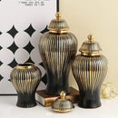 GobekUsa Black Ceramic Checkmate Ginger Jar Vase with Gold Rim