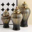 GobekUsa Black Ceramic Checkmate Ginger Jar Vase with Gold Rim