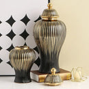 GobekUsa Black Ceramic Checkmate Ginger Jar Vase with Gold Rim