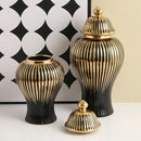 GobekUsa Black Ceramic Checkmate Ginger Jar Vase with Gold Rim