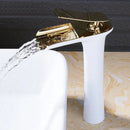 GobekUsa Gold Waterfall Bathroom Basin Faucet, White Mixer Tap Hot Cold Sink Plugin