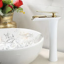 GobekUsa Gold Waterfall Bathroom Basin Faucet, White Mixer Tap Hot Cold Sink Plugin