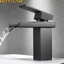 GobekUsa Black Plated Brass Waterfall Bathroom Basin Faucet Mixer Square Vanity Sink