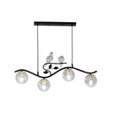 GobekUsa Minimalist Metal Wavy Island Pendant with 4-Light Black Hanging Lamp, Ball Glass Shade, and Bird Deco