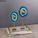 GobekUsa Blue Agate Golden Fish Statue on Crystal Base - Modern Room Decor