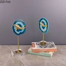 GobekUsa Blue Agate Golden Fish Statue on Crystal Base - Modern Room Decor