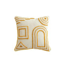Modern boho mustard & white geometric tufted tassel cushion cover living room by Decorbites
