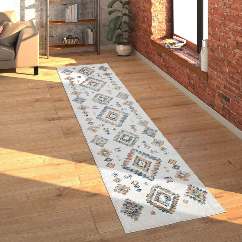 Modern Boho Rug with colorful Diamond Pattern in Cream