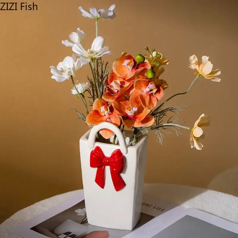 GobekUsa Bowknot Ceramic Vase Handbag Decor Table Flower Room Decor