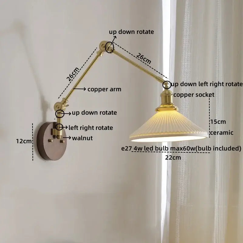 GobekUsa Ceramic Copper LED Wall Light | Modern Bedside Lamp with Pull Chain Switch, photo 10 of 20