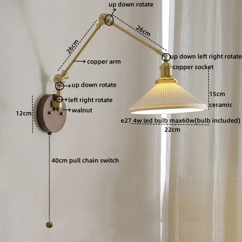 GobekUsa Ceramic Copper LED Wall Light | Modern Bedside Lamp with Pull Chain Switch, photo 9 of 20