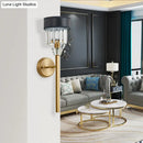 GobekUsa Stylish 1-Light Crystal Wall Sconce with Fabric Shade and Brass Cylinder - Modern Wall Mount Light