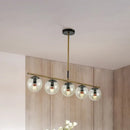 GobekUsa Modern Brass Pendant Light with 5 Cognac Glass Shades - Linear Dining Room Island Lamp