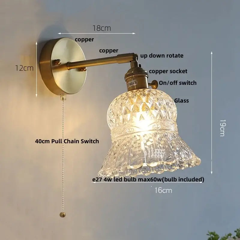 GobekUsa Brass E27 LED Wall Sconce Pull Chain Switch Stair Light Fixtures, photo 17 of 22